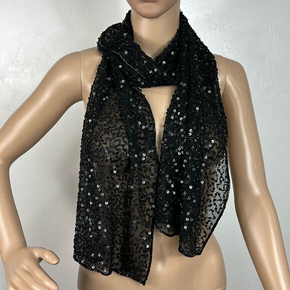 Accessories - Black Sparky Sequin Rectangle Skinny Scarf